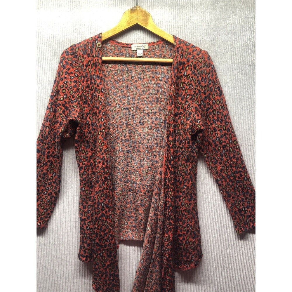 One World Wrap Over Asymmetric Cardigan Sweater Size Large Red Leopard